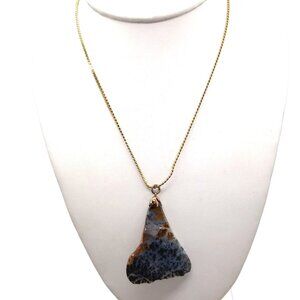 Vintage Moss Agate Stone Pendant Necklace on Gold Tone Chain, Unique Polished